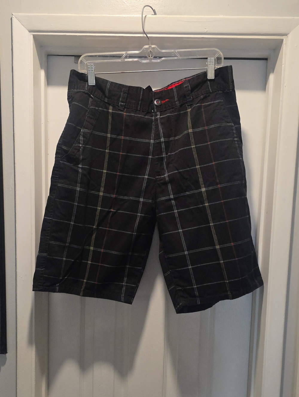 OP Black Plaid Flat-Front Shorts with Subtle Accent Lines